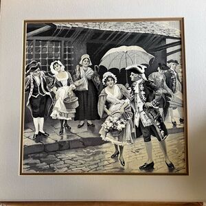 Vintage Silk Jacquard Tapestry “Downpour” Gallant Scene Stevengraph 13 X 13
